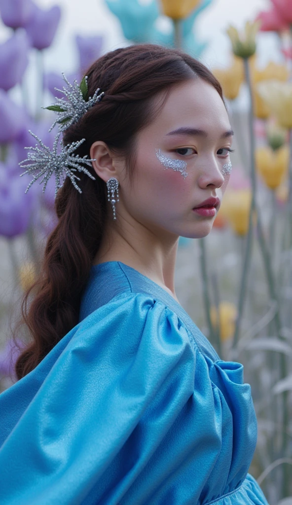 Create a high-fashion editorial photograph featuring a young woman with long, flowing hair, deep brown highlights, and a delicate expression, sitting by a large window. She wears an avant-garde version of a flowing blue dress with sculptural, futuristic elements, luxurious metallic fabric that catches the light, and bold, artistic makeup highlighting her features, including shimmering accents on her cheekbones. Transform her into a high-fashion model with intricate, braided hairstyles intertwined with delicate, metallic accessories that resemble nature. Set the scene in a surreal landscape, with towering, ethereal floral installations in saturated colors behind her, contrasting with her serene demeanor. Utilize high-contrast lighting to create dramatic shadow play, capturing an ethereal mood perfect for a fashion editorial. Position her in a dynamic pose that showcases the flowing lines of her dress, using negative space to frame her figure against the floral backdrop. Inspiration from renowned fashion photographer Tim Walker, integrating his signature whimsical, dreamlike qualities, with colorful props that narrate a fashion-forward story. Shoot with a Hasselblad H6D-100c camera using an 80mm f/2.8 lens, ensuring exceptional detail in her features and the textures of the accessories. Post-process with high contrast and hyper-saturated colors, emphasizing the vibrant hues of the scene. The editorial theme is "Ethereal Blossoms," fitting into a larger narrative exploring the intersection of nature and fashion, highlighting innovative design in an enchanting, fantastical context.