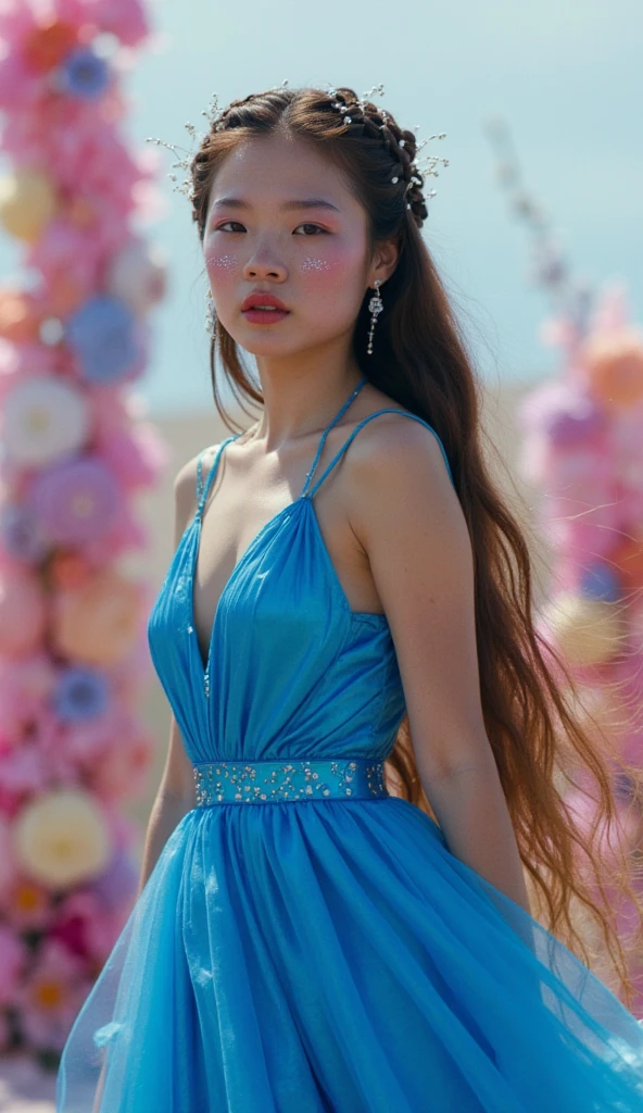 Create a high-fashion editorial photograph featuring a young woman with long, flowing hair, deep brown highlights, and a delicate expression, sitting by a large window. She wears an avant-garde version of a flowing blue dress with sculptural, futuristic elements, luxurious metallic fabric that catches the light, and bold, artistic makeup highlighting her features, including shimmering accents on her cheekbones. Transform her into a high-fashion model with intricate, braided hairstyles intertwined with delicate, metallic accessories that resemble nature. Set the scene in a surreal landscape, with towering, ethereal floral installations in saturated colors behind her, contrasting with her serene demeanor. Utilize high-contrast lighting to create dramatic shadow play, capturing an ethereal mood perfect for a fashion editorial. Position her in a dynamic pose that showcases the flowing lines of her dress, using negative space to frame her figure against the floral backdrop. Inspiration from renowned fashion photographer Tim Walker, integrating his signature whimsical, dreamlike qualities, with colorful props that narrate a fashion-forward story. Shoot with a Hasselblad H6D-100c camera using an 80mm f/2.8 lens, ensuring exceptional detail in her features and the textures of the accessories. Post-process with high contrast and hyper-saturated colors, emphasizing the vibrant hues of the scene. The editorial theme is "Ethereal Blossoms," fitting into a larger narrative exploring the intersection of nature and fashion, highlighting innovative design in an enchanting, fantastical context.