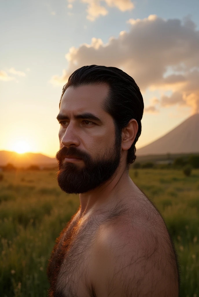  Portrait of a young male  ,  muscular and bare-chested  ,   with a beard and well-kept dark hair  ,   of a sturdy and manly appearance  .   He is in an open field with green grass at dusk  ,   as the sun sets on the horizon with an erupting volcano in the background ,   creating a warm and golden lighting that highlights his silhouette and details of his Skin.   The sky presents soft clouds with shades of orange and gray  ,   generating a serene and contemplative atmosphere  .   The man looks to the horizon with a calm and reflective expression  .   realistic style  ,   focusing on the natural details of the body  , beard and skin texture  ,   as well as natural lighting that emphasizes the golden hour  .