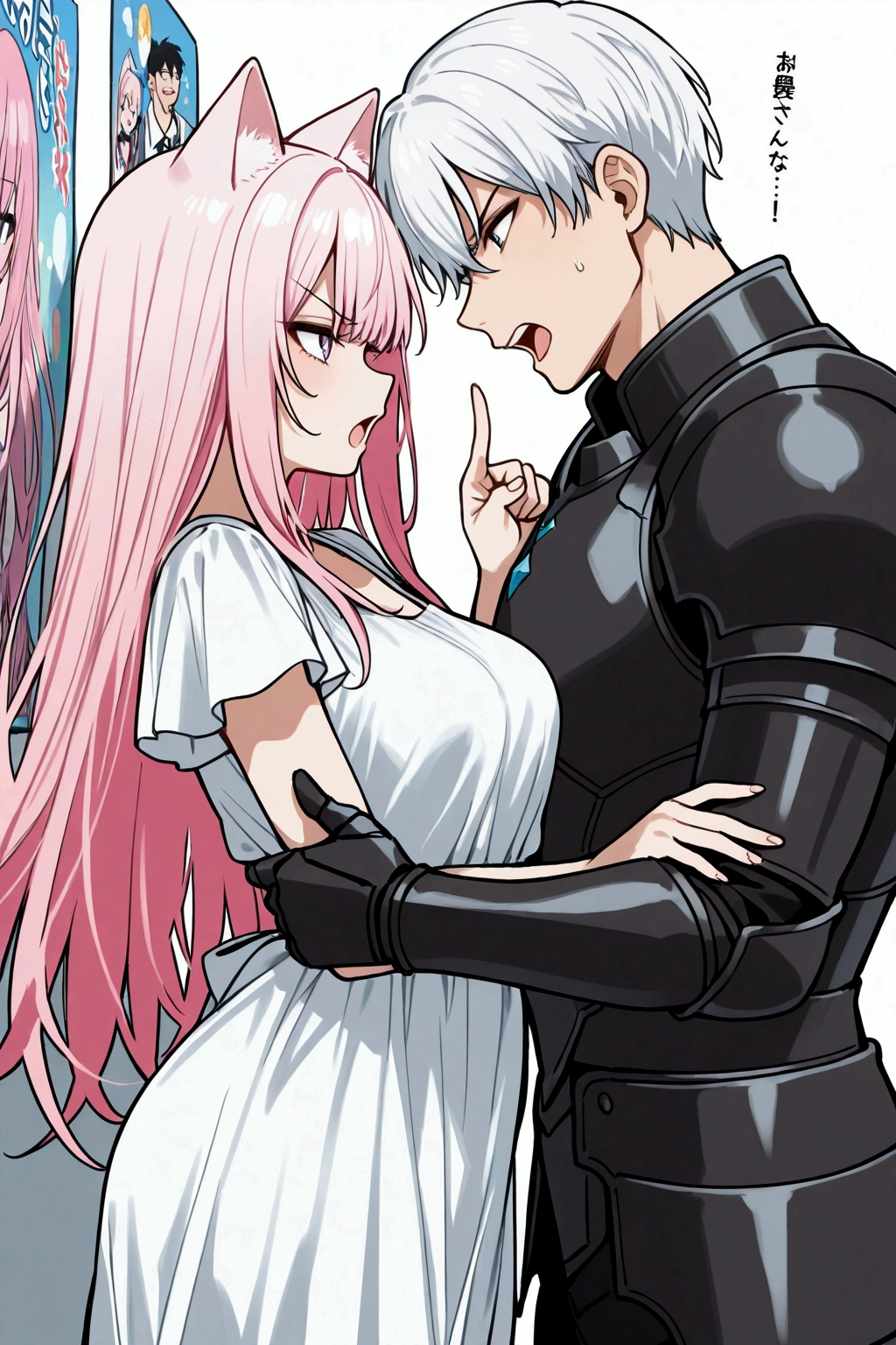 Look each other, from SIDE,guy and girl arguing , girl with long hair pink hair, cat ears and medium breasts and white dress , annoyed, Finger point to guy, Open mouth, Handsome guy , white hair guy on the side with smug face black armor, Talking , discussion,beautiful discussion,perfect scene ,Masterpiece, score 9, anime colors, sideways, AMERICAN SHOT, beautiful, composition, HARMONY, high quality,   poster quality  ,beautiful,   feminine