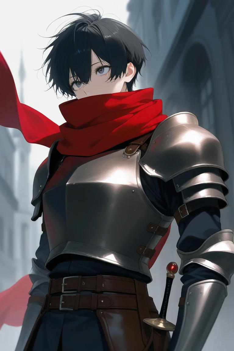 A short  woman with messy black hair, leather armor, and a scarf that hides her face