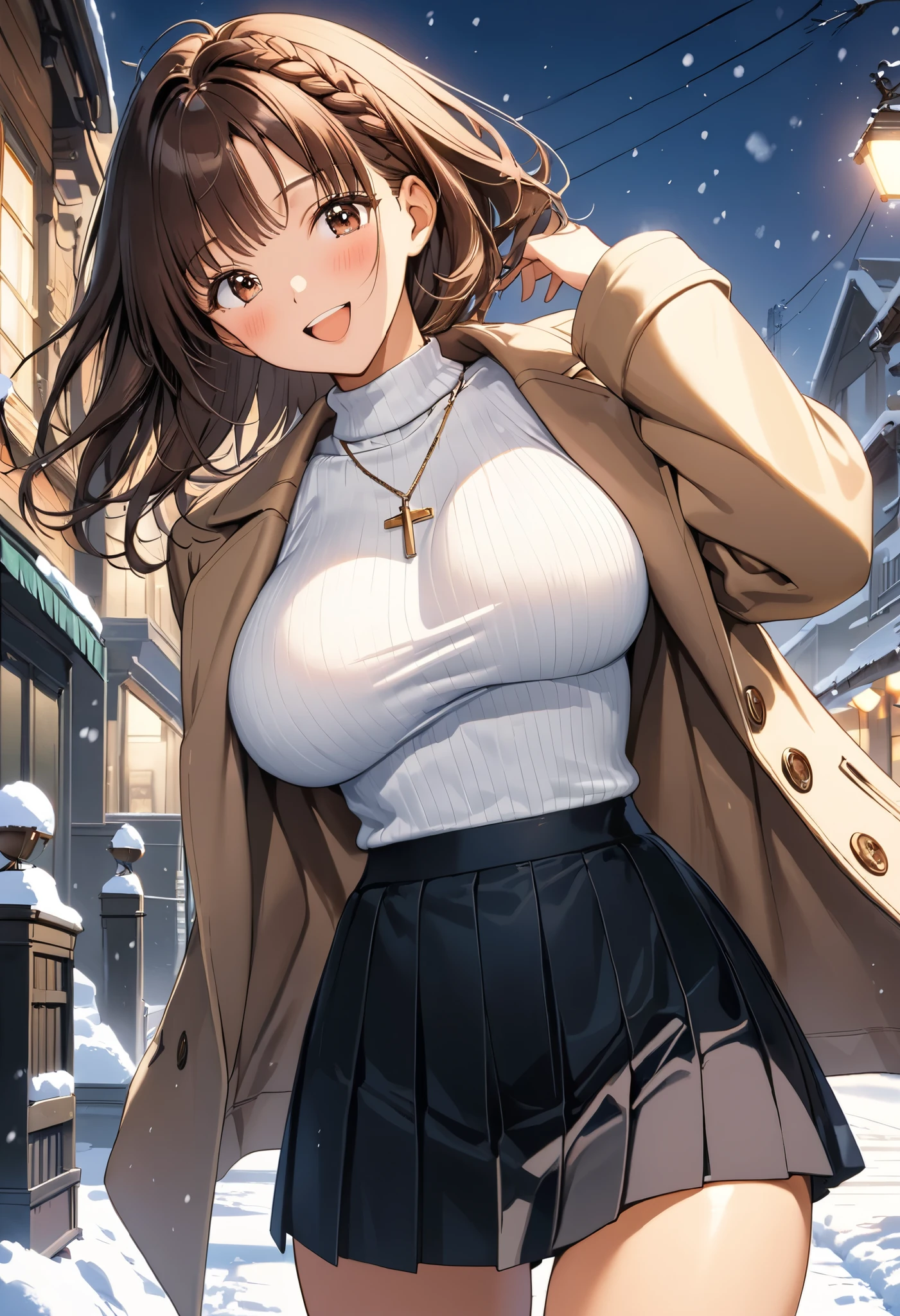 masterpiece, Best Quality, High resolution,16k,official art,super detailed skin,detailed,animated painting, Takarada Rikka ,1990s \(style\),(F cup big beautiful breasts)、clevage,25years old, (tall:1.2),height: 175cm,Sexy long legs,Fashion model body type,Medium Hair,forehead,Brown Hair,french braid,(simple coat,long-sleave knit,mini-skirt:1.3),white mini skirt,cross necklace,(tanned skin:1.3),Muscular、1girl,big laugh,Shy、Shyness,blush,Anime-style painting style,Close-up of the upper body,Cinematic lighting,superfine,magnificent view、in the city,morning,winter,snow,(sexy),extreme closeup