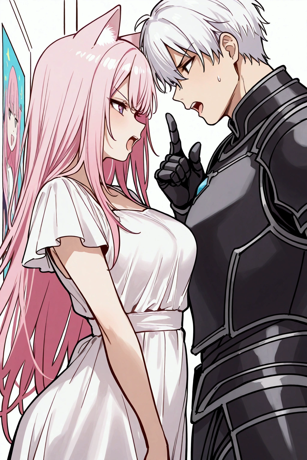 Look each other, from SIDE,guy and girl arguing , girl with long hair pink hair, cat ears and medium breasts and white dress , annoyed, Finger point to guy, Open mouth, Handsome guy , white hair guy on the side with smug face black armor, Talking , discussion,beautiful discussion,perfect scene ,Masterpiece, score 9, anime colors, sideways, AMERICAN SHOT, beautiful, composition, HARMONY, high quality,   poster quality  ,beautiful,   feminine