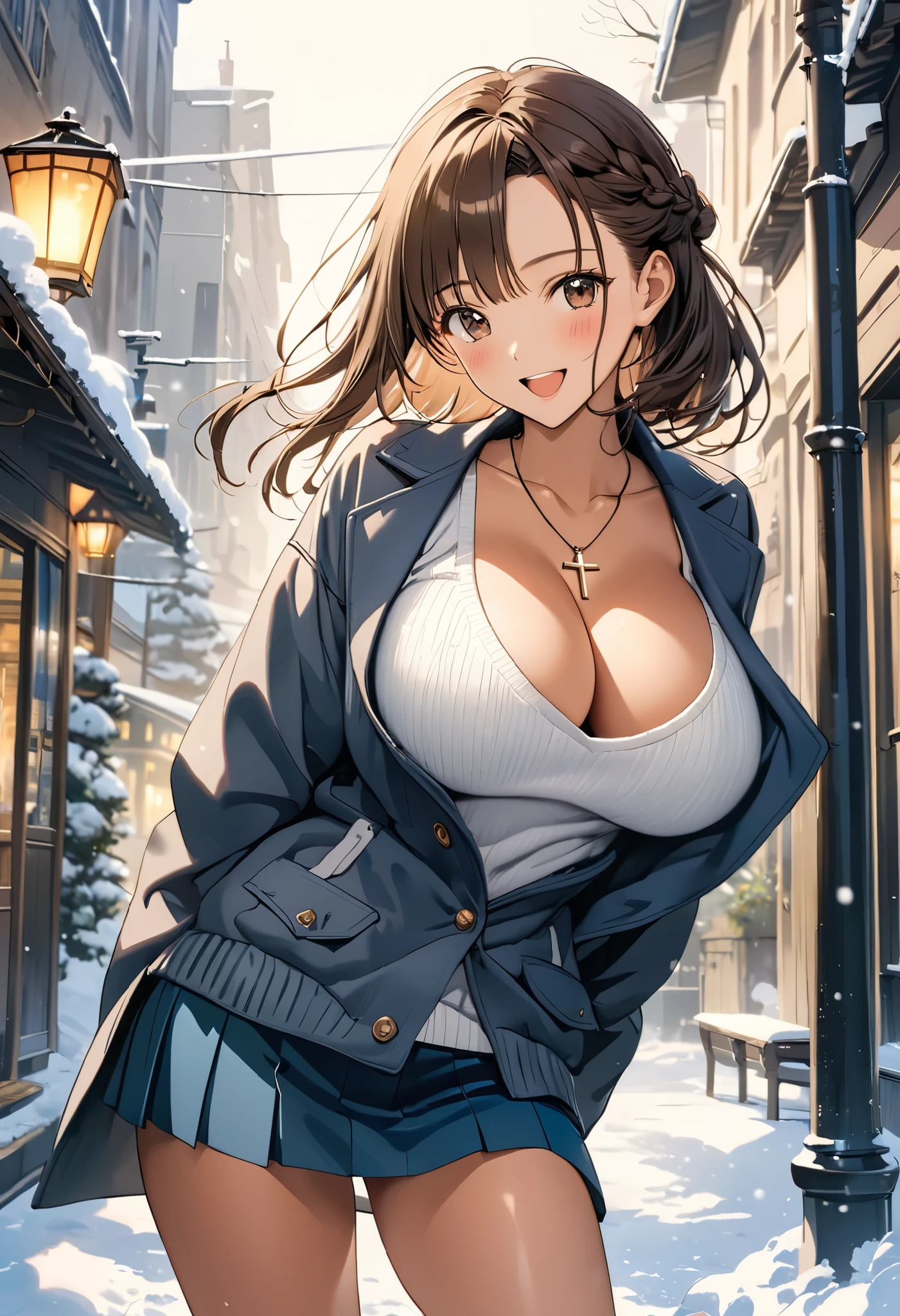 masterpiece, Best Quality, High resolution,16k,official art,super detailed skin,detailed,animated painting, Takarada Rikka ,1990s \(style\),(F cup big beautiful breasts)、clevage,25years old, (tall:1.2),height: 175cm,Sexy long legs,Fashion model body type,Medium Hair,forehead,Brown Hair,french braid,(simple coat,long-sleave knit,mini-skirt:1.3),white mini skirt,cross necklace,(tanned skin:1.3),Muscular、1girl,big laugh,Shy、Shyness,blush,Anime-style painting style,Close-up of the upper body,Cinematic lighting,superfine,magnificent view、in the city,morning,winter,snow,(sexy),closeup