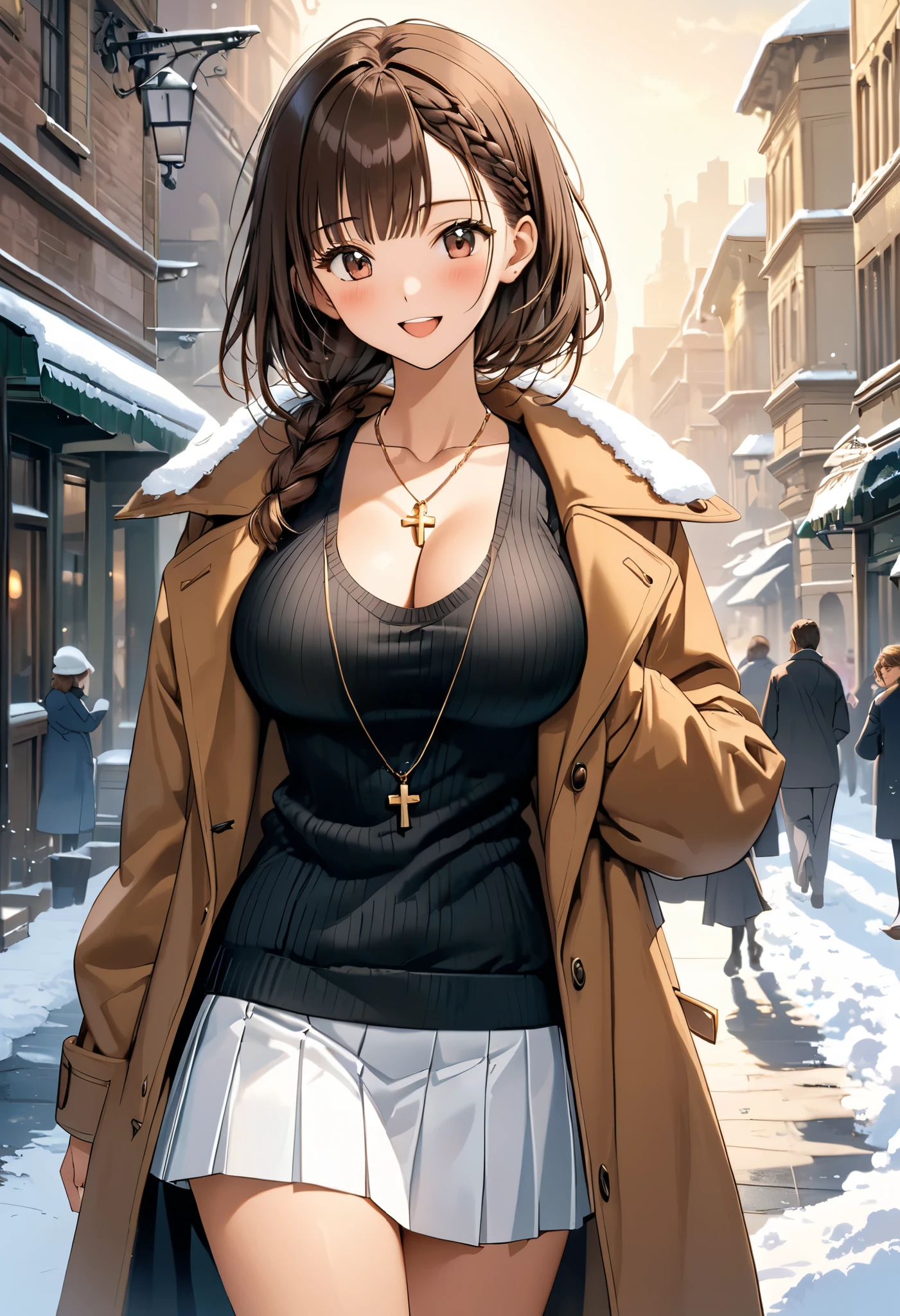 masterpiece, Best Quality, High resolution,16k,official art,super detailed skin,detailed,animated painting, Takarada Rikka ,1990s \(style\),(F cup big beautiful breasts)、clevage,25years old, (tall:1.2),height: 175cm,Sexy long legs,Fashion model body type,Medium Hair,forehead,Brown Hair,french braid,(simple coat,long-sleave knit,mini-skirt:1.3),white mini skirt,cross necklace,(tanned skin:1.3),Muscular、1girl,big laugh,Shy、Shyness,blush,Anime-style painting style,Close-up of the upper body,Cinematic lighting,superfine,magnificent view、in the city,morning,winter,snow,(sexy),closeup