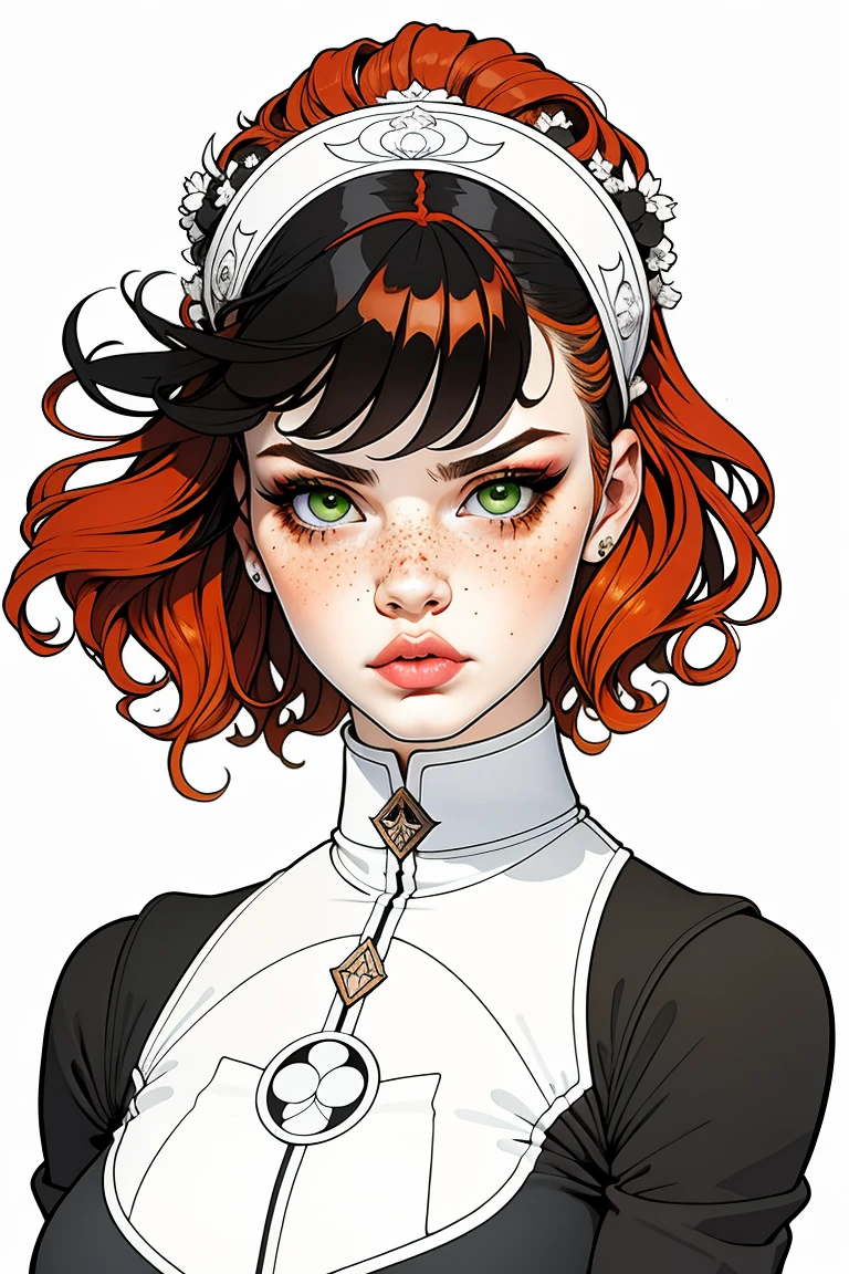 partial coloring, Line style, (masterpiece, best quality:1.2), (Simple background:1.5), 1 woman, redhead punk (Black and white jugendstil, Symmetrical composition:1.25)
