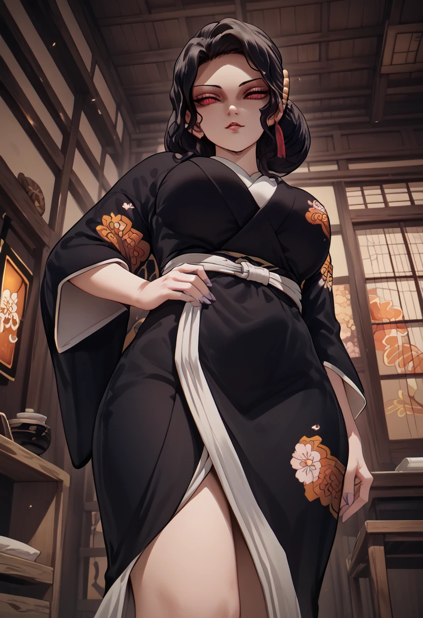 Muzan Kibutsuji,  big breasts, below,  Japanese room,  good quality ,  good resolution,  Artwork , Good detail,  good anatomy , HD, 4k, 8K, black kimono, Cat's red eyes  