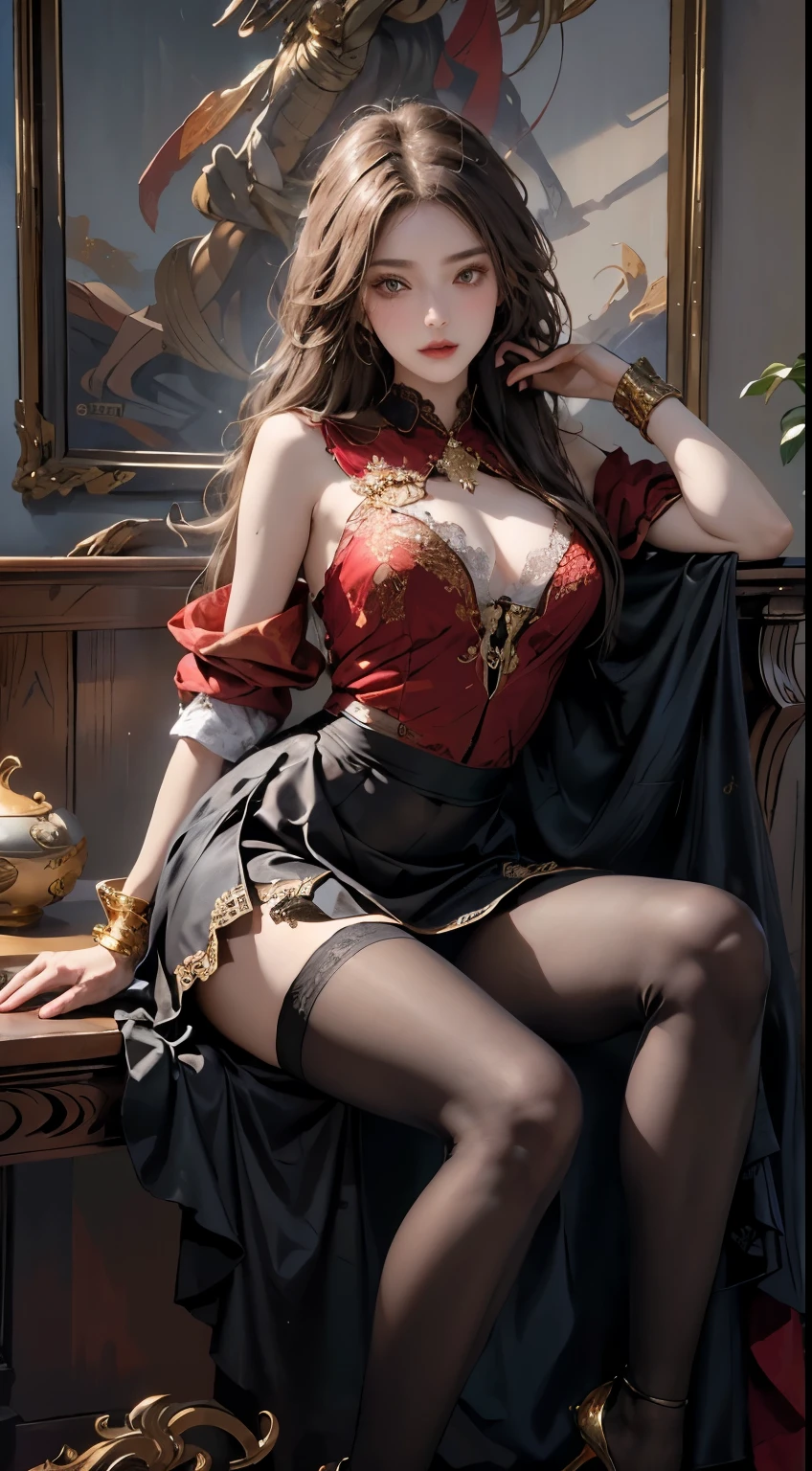 1girl in,top-quality、超A high resolution、(Photorealsitic:1.4)、blue eyess、Look at viewers、red blush、Off-shoulder white dress with floral print、Black underwear、Black garter belt、Black stockings、high-heels、