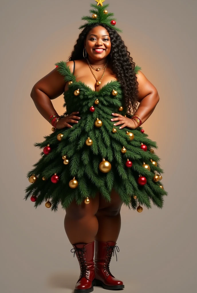 photorealistic portrait of plus size girl, black girl,(Art by wlop:1.2),(Christmas theme),(cute),(happy smile:1.2), (elegant),(hands on hips:1.5), high quality,(lovely) ,(highly detailed Christmas tree costume:1.5),Christmas motif accessories, ,), ( boots),(Christmas atmosphere), (happy), soft lighting,(full body image:1.5),(Christmas  background:1.5), ,score_9, score_8_up, score_7_up, score_6_up, score_5_up, score_4_up,(looking at the camera:1.5)