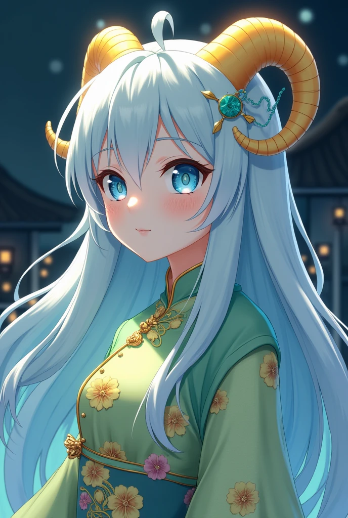 Japanese anime style, cute  with blue eyes and long white hair and horns, wearing light green and yellow cheongsam, delicate flower embroidery pattern, hannya face, side view, night, backlight, waist up, eye-catching symmetrical pattern, extremely Complex, light and dark, bold, high-definition, soft colors., 3d render, illustration, painting, anime, dark fantasy Negative prompt: ng_deepnegative_v1_75t,(badhandv4:1.2),EasyNegative,(worst quality:2),,nsfw Steps: 48, Sampler: Euler, CFG scale: 19.0, Seed: 1301862291, Size: 1024x1024, Model hash: 8cba4f1ef4, Model: Flux.1 Model Family_Black Forest Labs_FLUX.1-dev-fp8.safetensors, Denoising strength: 0, RNG: CPU, vae_name: automatic, illustration, painting