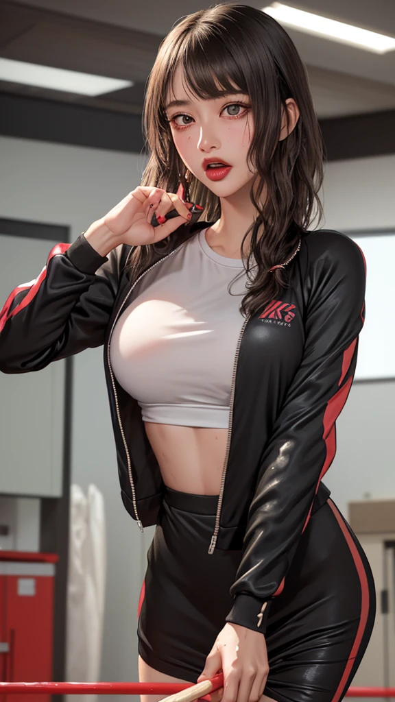 Masterpiece, best quality,1girl, upper body, cowboy shot, looking at viewer, cheerleader , huge breast, huge butt size, slim face,beautiful cheekbones,((long legs)),(slim-muscled body),BREAK(brown_eyes),detailed lips,((red_lipstick)),(Detailed nose), slim waist, full body, crop top hoodie, underboob,red highleg thong
