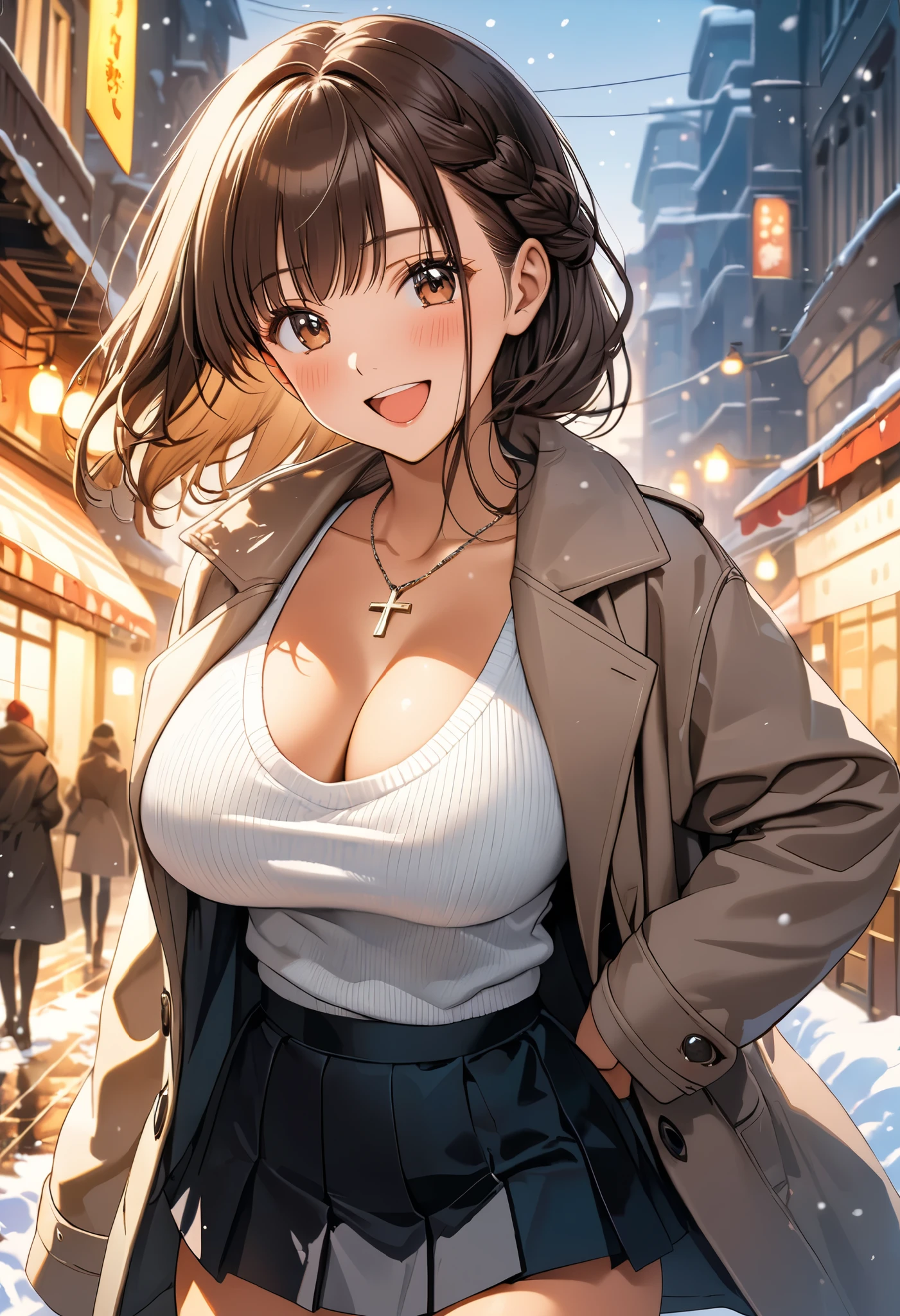 masterpiece, Best Quality, High resolution,16k,official art,super detailed skin,detailed,animated painting, Takarada Rikka ,1990s \(style\),(F cup big beautiful breasts)、clevage,25years old, (tall:1.2),height: 175cm,Sexy long legs,Fashion model body type,Medium Hair,forehead,Brown Hair,french braid,(simple coat,long-sleave knit,mini-skirt:1.3),white mini skirt,cross necklace,(tanned skin:1.3),Muscular、1girl,big laugh,Shy、Shyness,blush,Anime-style painting style,Close-up of the upper body,Cinematic lighting,superfine,magnificent view、in the city,morning,winter,snow,(sexy),extreme closeup