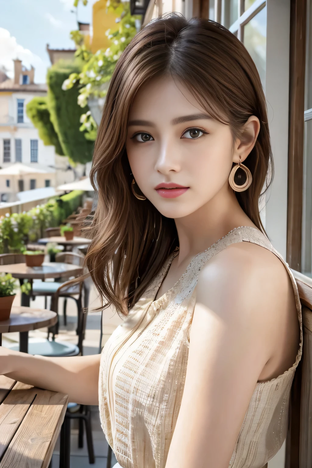 Araffe asian woman with long brown hair wearing a beige dress - SeaArt AI