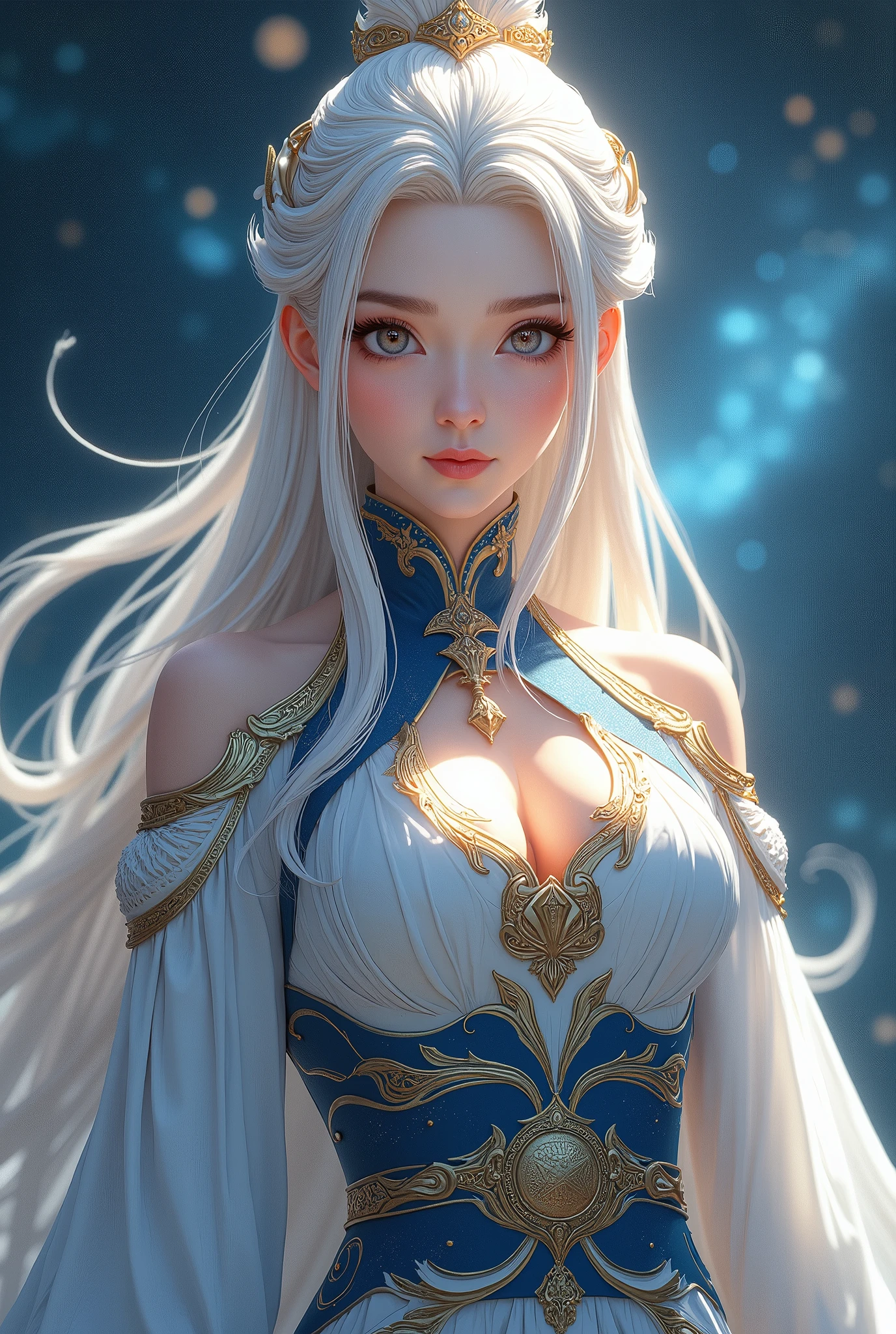  beautiful女性,  silver blonde long hair, The greatest goddess, whole body, Beautiful,  beautiful,  space facing directly opposite each other, earrings, Chinese style costume, Mysterious Outfit , blue gold silver yellow white ,  is facing here in real form,  high image quality,  Masterpiece, 8k high resolution,  anime style , 