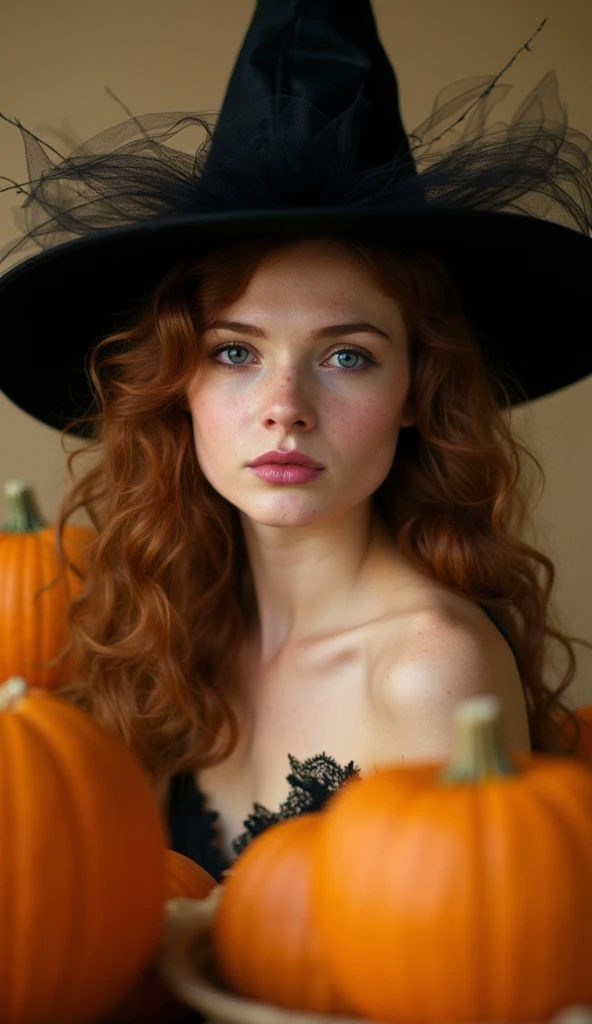 A captivating Halloween-themed portrait showcases a young woman with striking features against a backdrop of autumnal pumpkins. She wears an elegant witch's costume, complete with a large black pointed hat adorned with wispy strands. Her auburn hair cascades in loose curls from beneath the hat, framing her pale, freckled complexion. Vibrant blue eyes gaze directly at the viewer with an alluring intensity, while her full lips are painted a soft rose hue. The woman's slender shoulders are bare, with a black lace-trimmed garment visible. Surrounding her are numerous orange pumpkins of varying sizes, creating a festive harvest atmosphere. The lighting is soft and warm, casting a gentle glow on her skin and the pumpkins, enhancing the autumnal mood. The background is a muted beige, allowing the rich orange of the pumpkins and the deep black of her attire to stand out dramatically. The image has a shallow depth of field, keeping the focus on the subject while softly blurring the pumpkins in the foreground and background. The overall style is reminiscent of high-fashion photography, with meticulous attention to detail in the makeup, costume, and set design, creating a bewitching and sophisticated Halloween portrait.