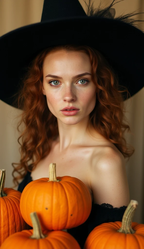 A captivating Halloween-themed portrait showcases a young woman with striking features against a backdrop of autumnal pumpkins. She wears an elegant witch's costume, complete with a large black pointed hat adorned with wispy strands. Her auburn hair cascades in loose curls from beneath the hat, framing her pale, freckled complexion. Vibrant blue eyes gaze directly at the viewer with an alluring intensity, while her full lips are painted a soft rose hue. The woman's slender shoulders are bare, with a black lace-trimmed garment visible. Surrounding her are numerous orange pumpkins of varying sizes, creating a festive harvest atmosphere. The lighting is soft and warm, casting a gentle glow on her skin and the pumpkins, enhancing the autumnal mood. The background is a muted beige, allowing the rich orange of the pumpkins and the deep black of her attire to stand out dramatically. The image has a shallow depth of field, keeping the focus on the subject while softly blurring the pumpkins in the foreground and background. The overall style is reminiscent of high-fashion photography, with meticulous attention to detail in the makeup, costume, and set design, creating a bewitching and sophisticated Halloween portrait.