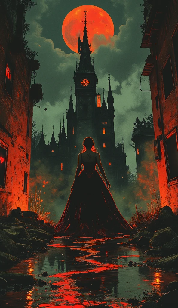  ultra wide angle, photorealistic gothic architecture castle background, Lady Death, young woman 25 years old, her hair is flowing as if in water, Victorian dress with red and gold details, Black Ink Flow - 8k resolution photorealistic masterpiece, intricately detailed, full moon in the background, painting: acrylic: colorful watercolor, cinematic lighting, maximalist photo illustration: for Martin Bobzert: 8k resolution concept art, intricately detailed, complex, elegant, expansive, psychedelic fantasy realism, in the abyss of empire estate, night, blood moon, buildings, reflections