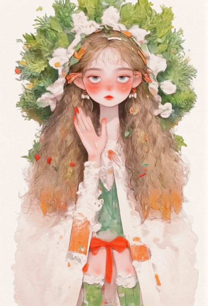        Christmas tree on her head, 指は５本、The Little Match Girl、Beautiful girl, Lovely adorable girl, beautiful logo on the back of the tarot card in the center of the white background， with a female eye ，The pupils are green，Reflects the dark forest ， with the head of a gray wolf and a house , painting \(medium\) , night, sky and galaxy,  One star                 \(Sky\),                 One star                 \(symbol\),     watercolor \(medium\),  lots of white background and tarot frame  、　beautiful flower garden on her head 