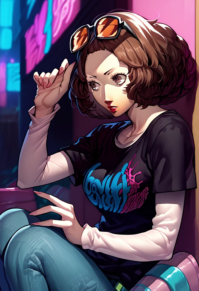 1girl, sunglasses on head, lipstick, black t-shirt, clothes writing, layered sleeves, large breasts, jeans, defHaru, brown hair, brown eyes