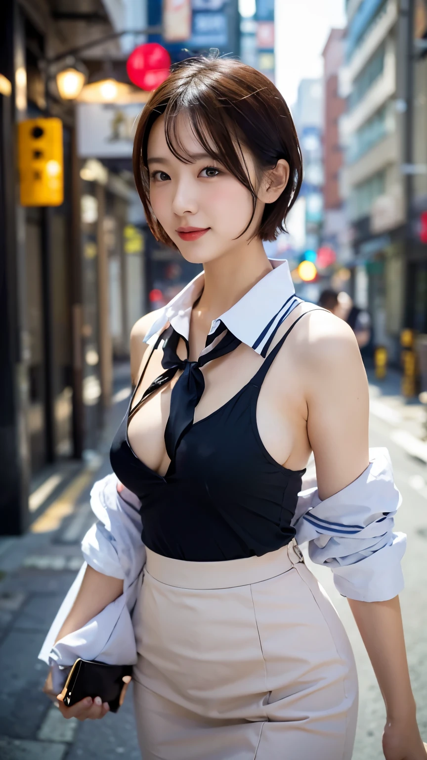 Top quality, one beautiful woman,Office Lady Costume erect nipples, short cut,office street,age 20,35mm lens,f/1, Walking figure facing front,