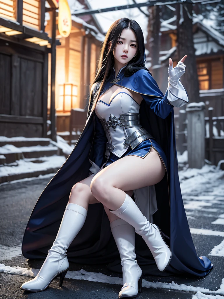 South korea assassin women mystery hooded on with modern royal Blue coat with long and wide sleeves with buttons and royal Blue cape and very high white heel over the knee and white gloves, As she reveals a small secret hidden blade coming from his palm , adding to the character's mysterious and agile appearance, with small movements of air on the cape, jump from roof to roof, in summer at night under the rain,medieval south korea house. sophisticated and highly detailed, ultra hd, realistic, hyper detailed, enhanced colours, ultra sharp focus, with vibrant, rich in details High quality, gorgeous, captivating, 8k, super detailed, stunning shadows, detailed lines, blood stain on coat and gloves, corpses in the street recently murdered