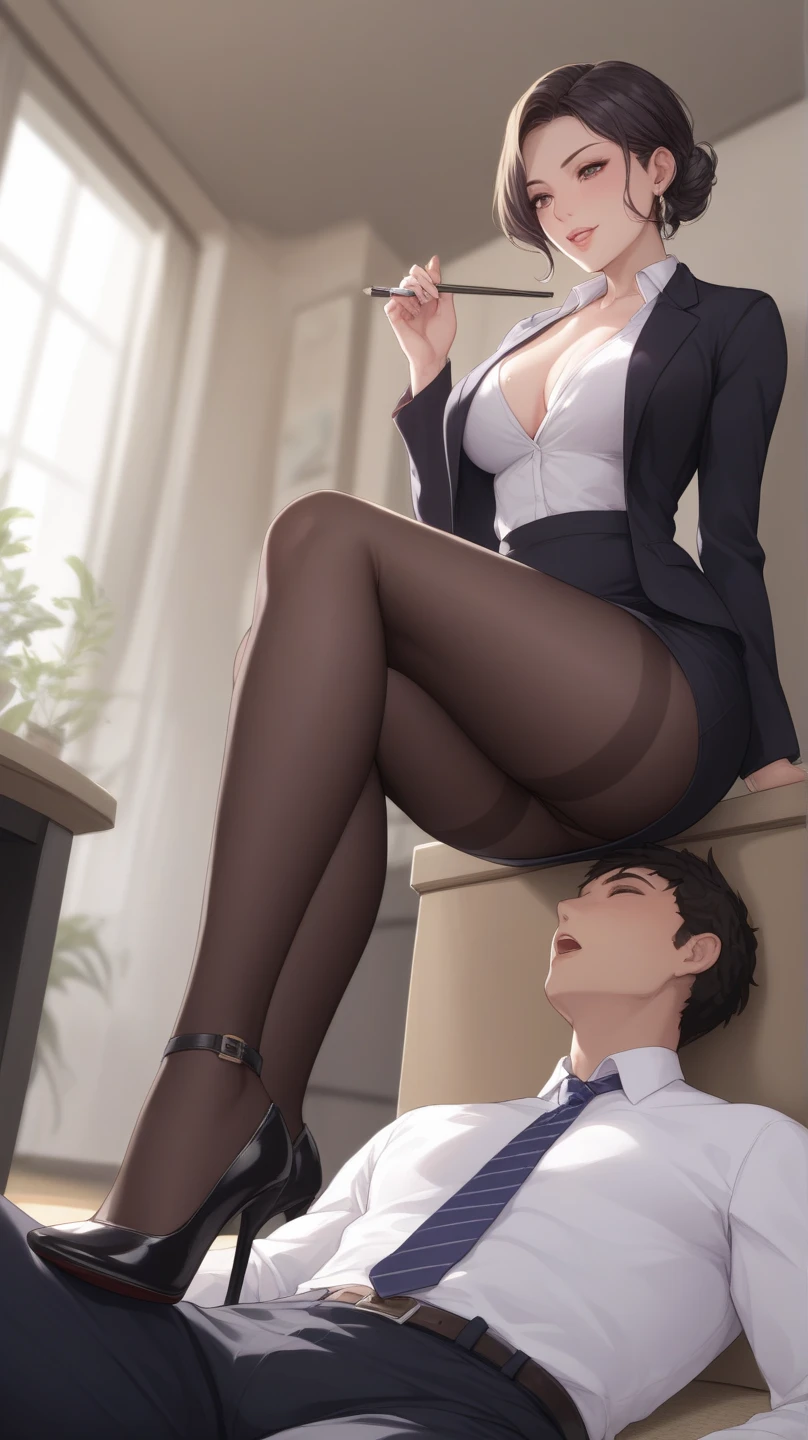 (( top quality)), ((masterpiece)), (be familiar with) Manga style illustration、Man lying on the floor 、A woman standing on top of a man on the floor 、 Mature Slender Woman 、black middle haired 、 one length that extends to her shoulders 、Office Style、 business suit、 black jacket 、White open shirt、 Black Knee Length Pencil Skirt 、 black pantyhose、 Sergio Rossi wearing black high heel pumps、I'm watching the man under my feet、 raises one leg below the foot、standing on top of a man、Make a man lick high heels 、The whole body, even the toes、 view from below