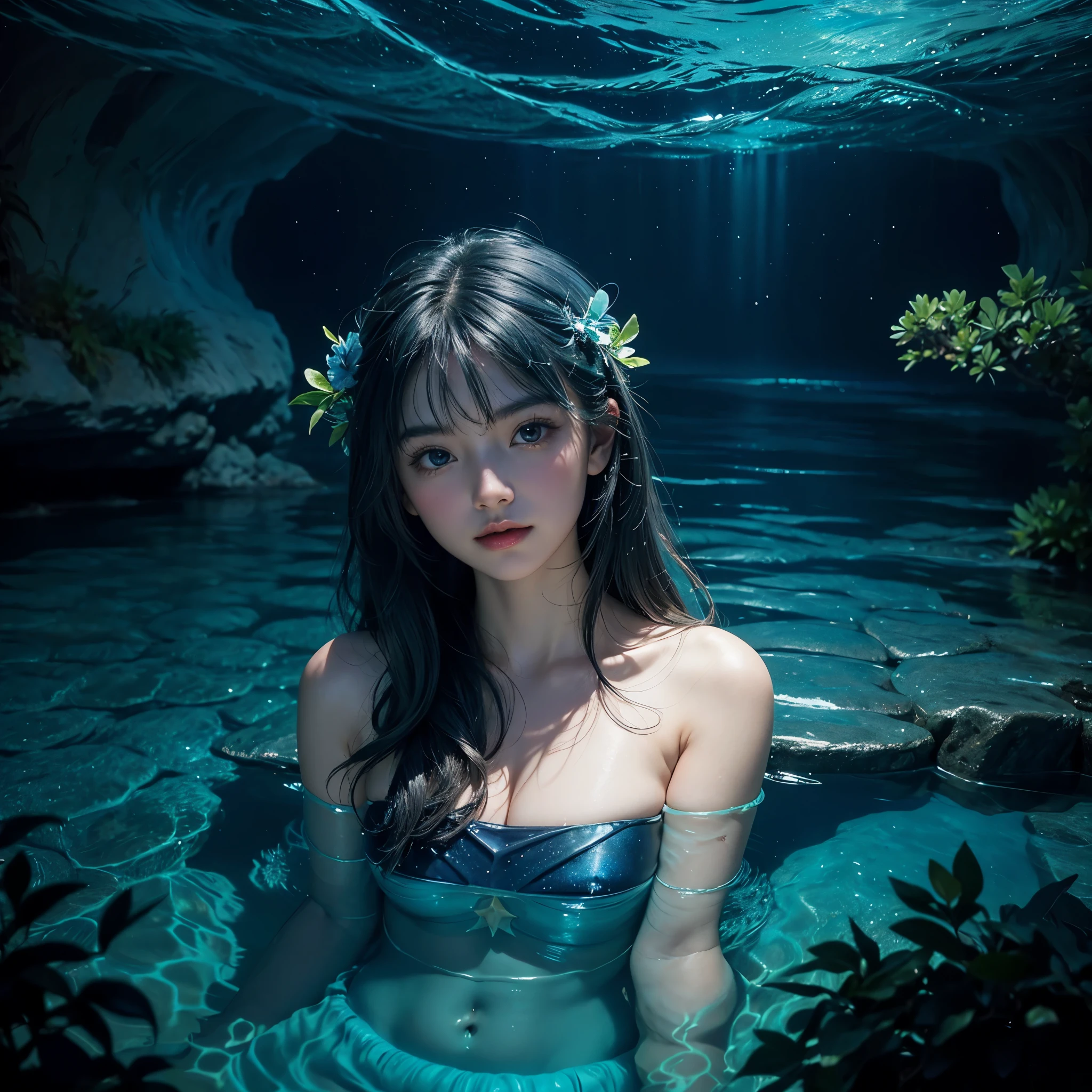 A woman swimming in the sea where bioluminescent plants shine, ((bioluminescent plants shine)), the moonlight reflected on the surface of the sea, a beautiful starry sky, beautiful face, detailed face,