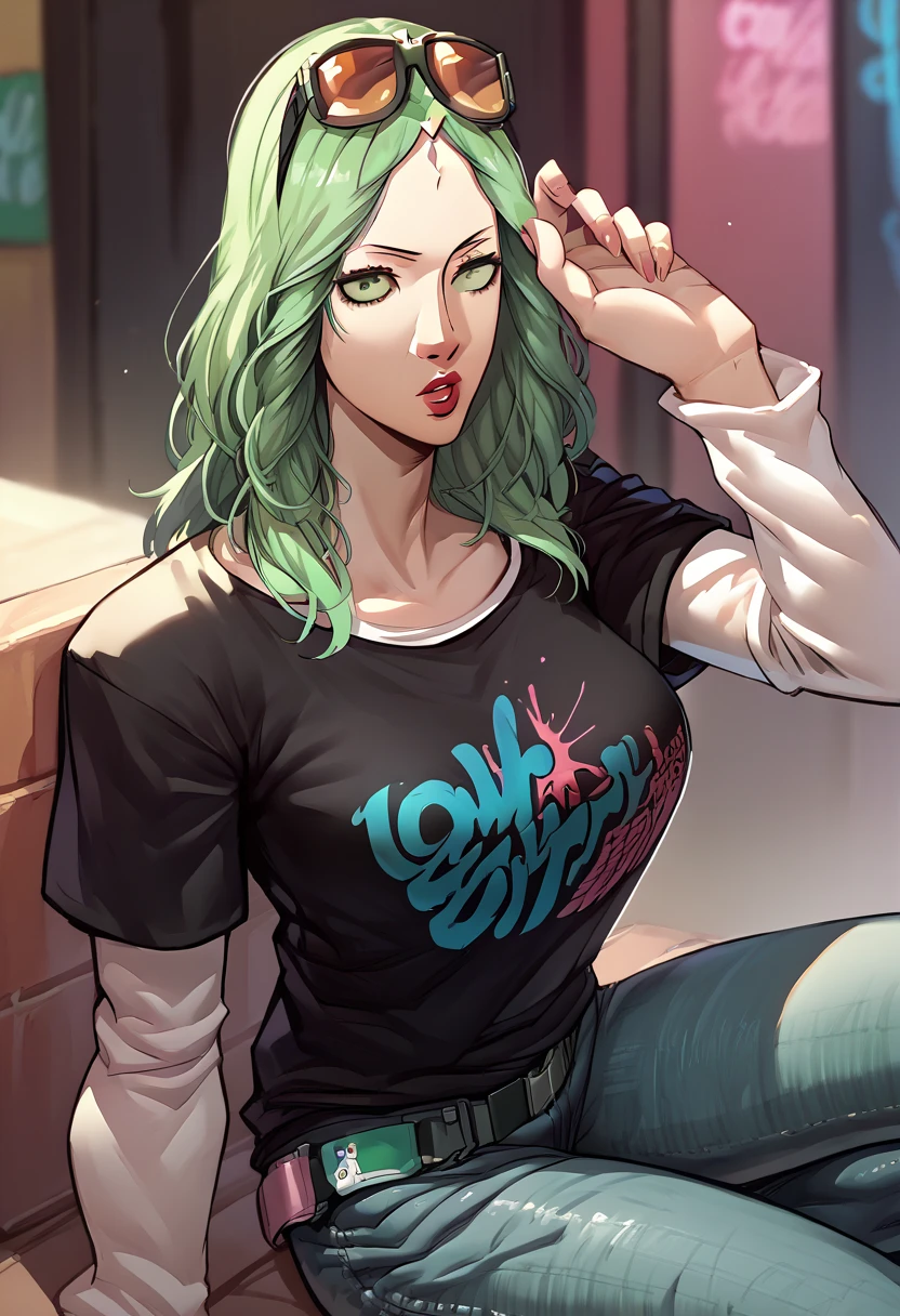 1girl, sunglasses on head, lipstick, black t-shirt, clothes writing, layered sleeves, large breasts, jeans, Rhea, light green hair, green eyes