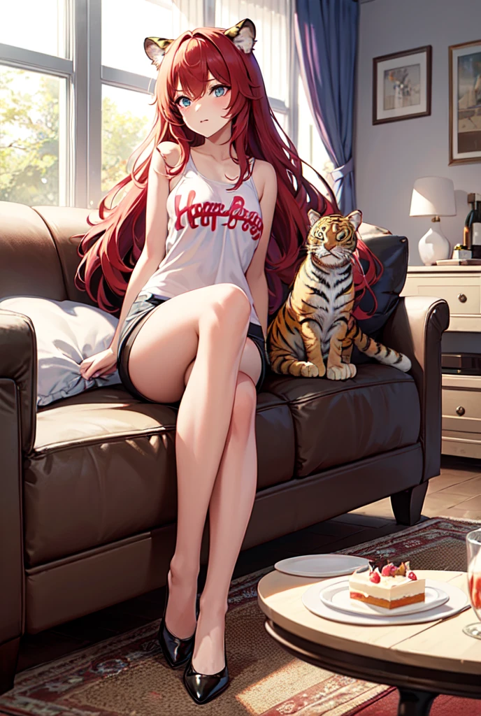 A girl sitting on her knees holding a birthday cake in her living room. 

Description of the girl: Long red hair with cat ears, wears small shorts and stockings. She has a tiger tail. 

She is sitting in the living room of her house.

Draw her full body. 