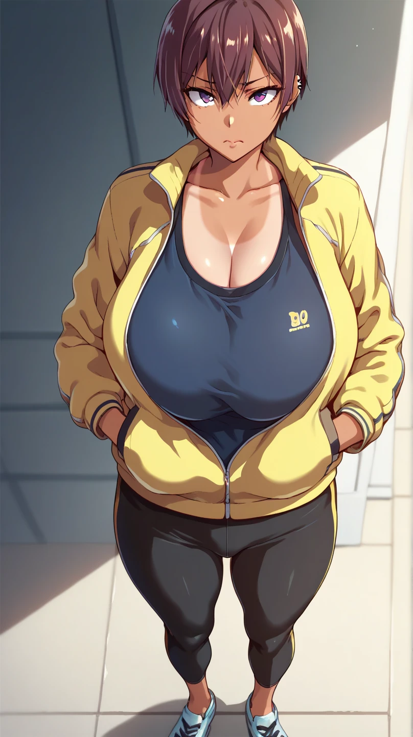      score_9,      score_8_above,      score_7_above,      score_6_above,    Estilo Takeda Hiromitsu  ,  a girl, huge breast ,   big breasts,    tall details  ,      The Best Quality     ,    Anatomically correct ,    short hair ,    Closed mouth   ,   , piercings ,   hands in their pockets    ,  tan lines ,  open sports jacket ,  tight sports pants  , face would be 