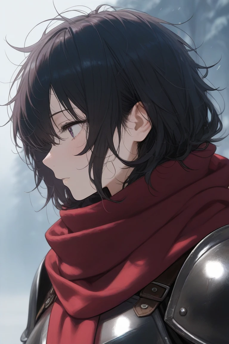 short woman with black messy hair, leather armor, and a scarf that covers her face