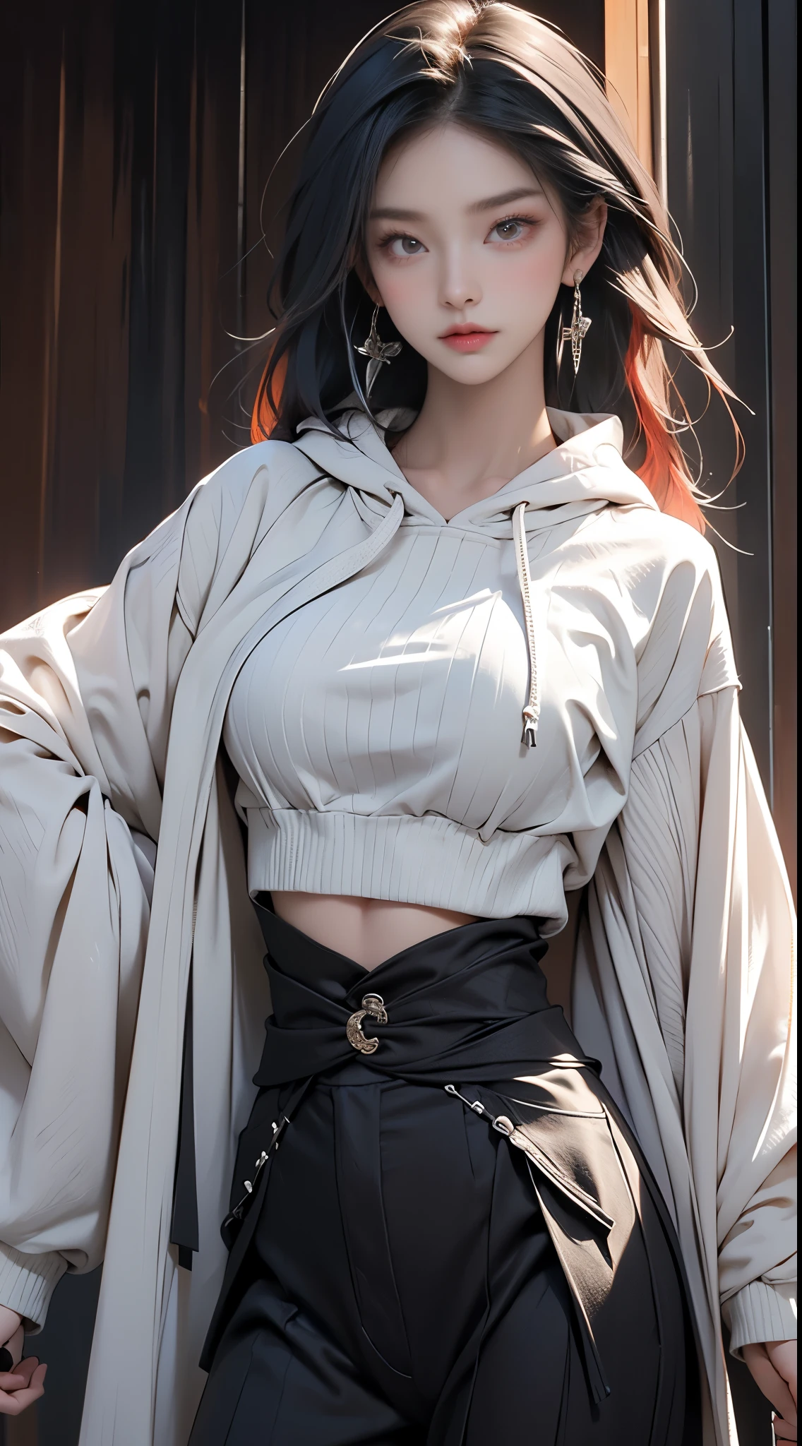 a young girl of average height with long, straight dark hair tied into twintails, golden eyes with white pupils, and a slender yet curvy body. her outfit consists of black panties and bra, a protective outer jacket, a neck protector, dark boots and protective gloves. Parts of her outfit are coated with blue lines. Her torso is open, revealing her entire stomach area and cleavage. Her trousers are also exposed at the buttocks. The sleeves of her jacket appear to be too long for the arms and the buttons are in the shape of cross-like symbols. 