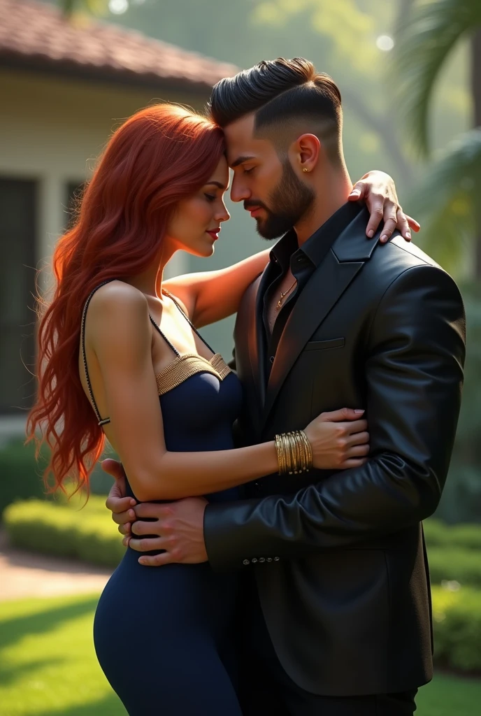 redheaded woman, man with black hair in an outdoor bar at Açude Velho - Campina Grande, enjoying each other's company and drinking,illustration,high quality,ultra-detailed,realistic,photography,vibrant colors,warm lighting,beautiful scenery,natural environment,exquisite facial features,[intimate conversation],[gentle breeze], [leisurely atmosphere],bustling atmosphere,rich textures,artistic style,soft ambiance