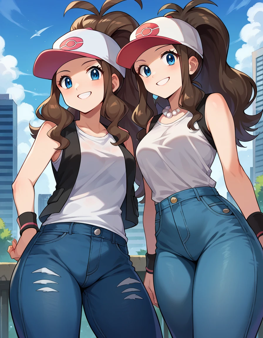 pokemonhilda, pokemonhilda, blue eyes, brown hair, long hair, ponytail, smile,
baseball cap, blue jeans, denim, hat, jeans, vest, wristband, sleeveless, black vest, white shirt, shirt,
outdoors, cityscape,
looking at viewer, cowboy shot, shirt tucked in, pearl necklace, thick thighs, perfect anatomy, from below, high-waist jeans, baggy jeans