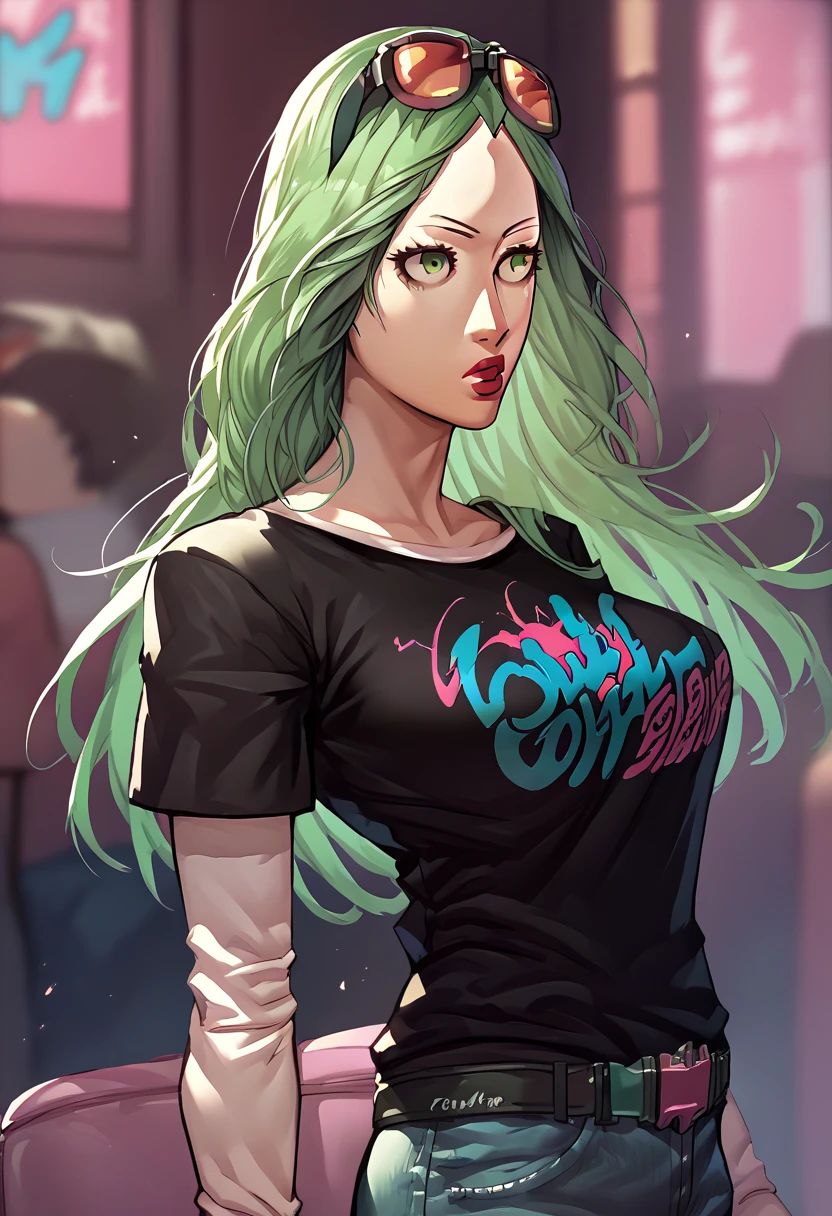 1girl, sunglasses on head, lipstick, black t-shirt, clothes writing, layered sleeves, large breasts, jeans, Rhea, light green hair, green eyes