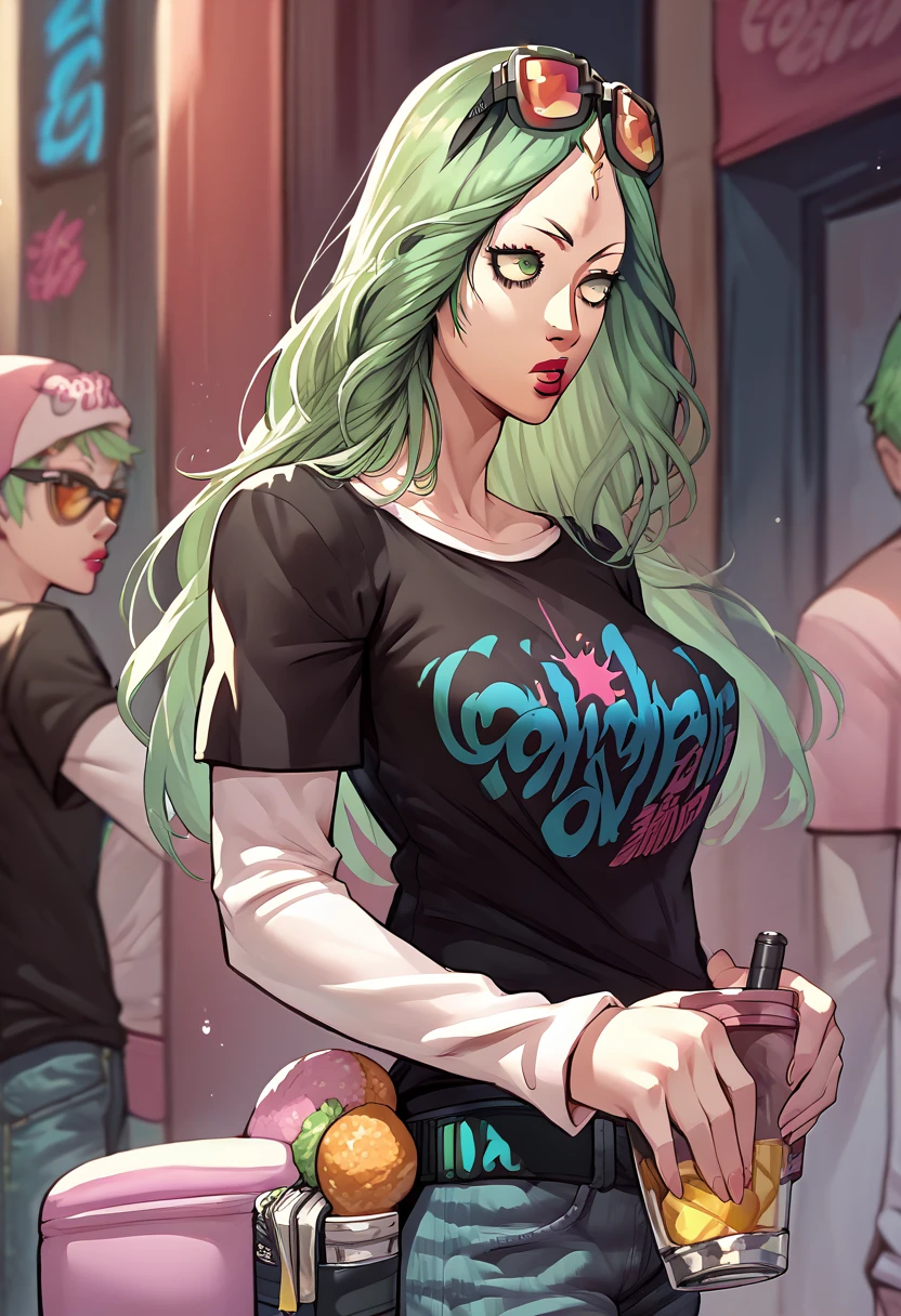 1girl, sunglasses on head, lipstick, black t-shirt, clothes writing, layered sleeves, large breasts, jeans, Rhea, light green hair, green eyes