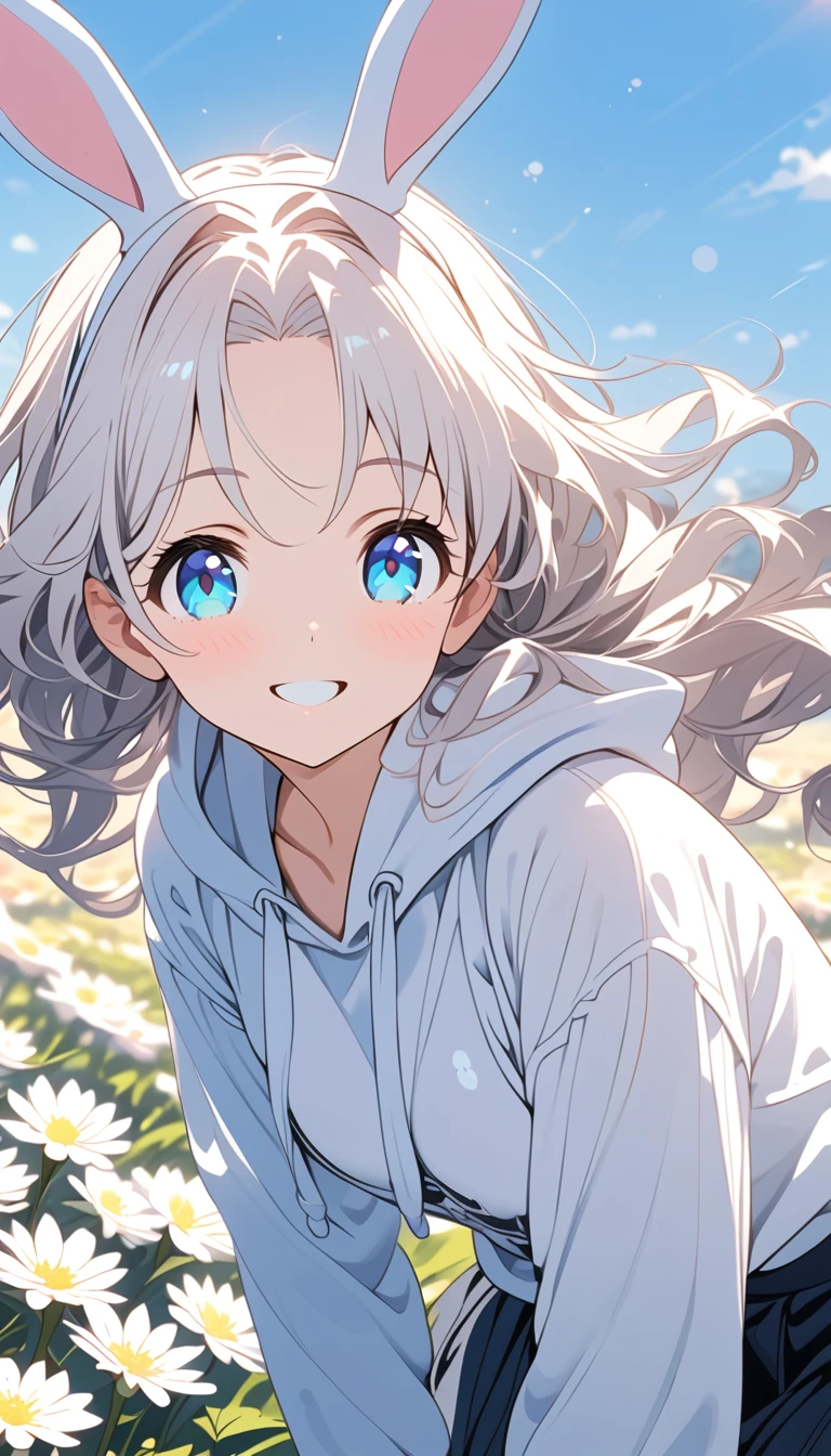 {{{masterpiece}}}, {{{ top quality}}}, {{ Ultra Details }}, { beautiful,  Detail Eyes},  1 girl , Alone, ((White Hair)),  long hair, pigtails, (( blue eyes)), (wavy hair ), (pattsun maegami),  , (かわいい white hoodie ),  black rabbit ears,( cute black long skirt),smile,tooth,pattsun maegami,Midea, white hoodie ,Sapphire eyes,Flower Field
