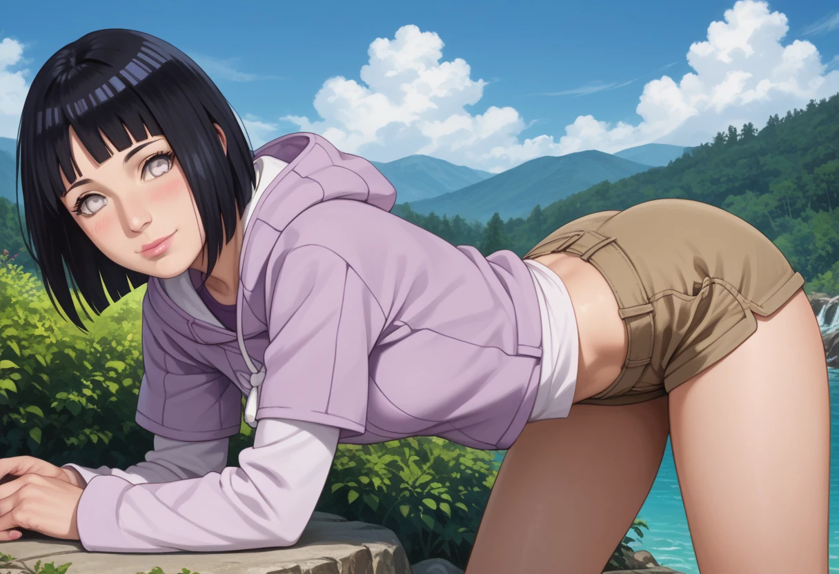 masterpiece, absurdres, Hinata\(boruto\), 1 girl, solo, mature woman, purple hoodie, layered sleeves, brown tiny shorts, outdoors, cloudy sky, Perfect composition, medium breasts, pretty face, Body Proportion, blushing, (pink lips), short black hair (BLACK HAIR), white eyes, smooth appearance, super realistic, circumstantial, photoshoot, realistic face and body, realistic hair, realistic eyes, realistic nose, realistic lips, looking back sensually, sexy smile, closed mouth. different pose, sexy. from behind. leaning forward, ass up, looking back, tiny shorts, visible butt