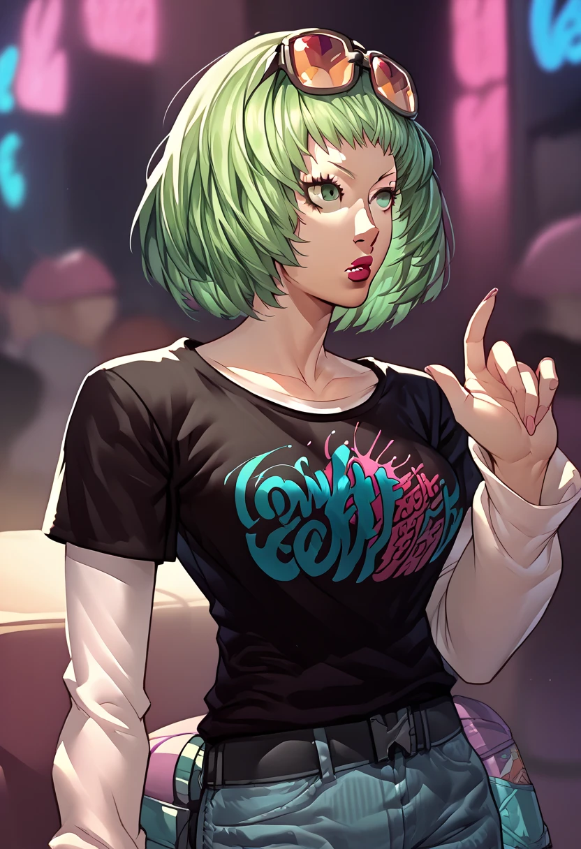 1girl, sunglasses on head, lipstick, black t-shirt, clothes writing, layered sleeves, large breasts, jeans, Flayn, light green hair, green eyes