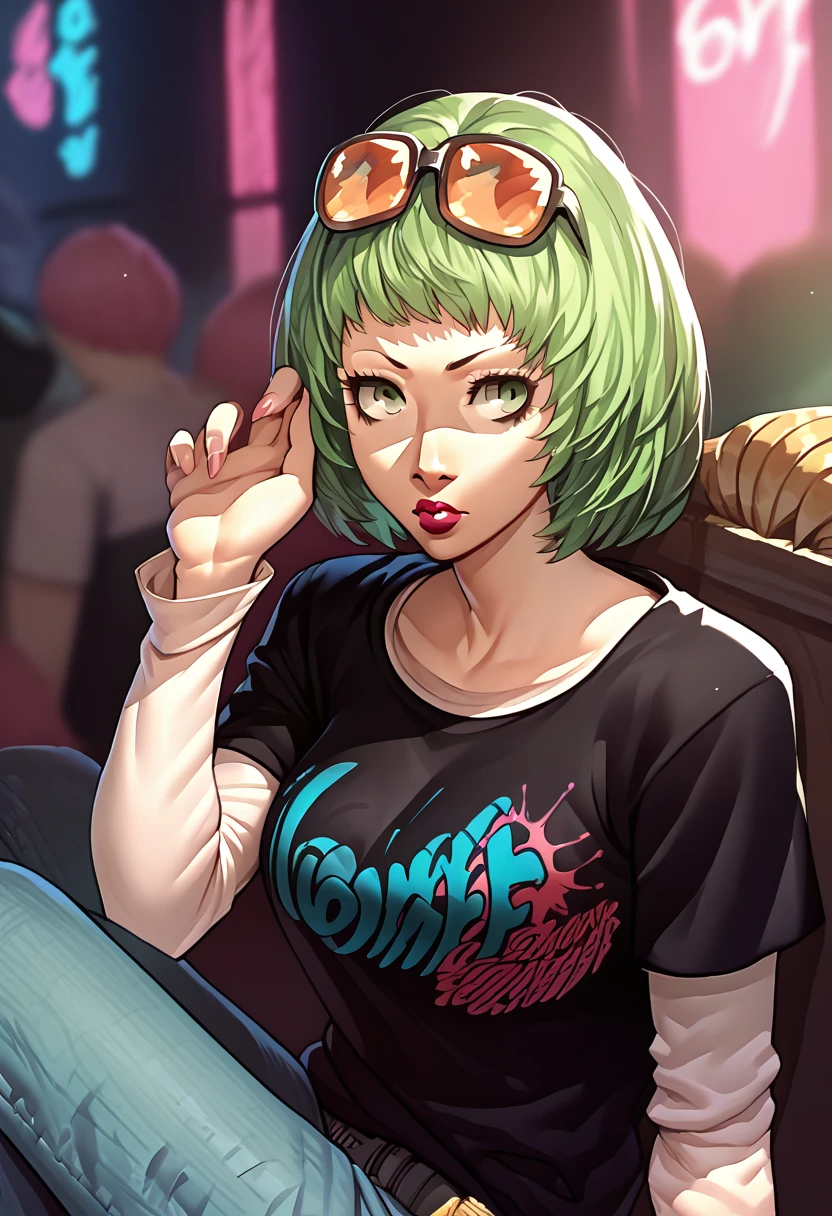 1girl, sunglasses on head, lipstick, black t-shirt, clothes writing, layered sleeves, large breasts, jeans, Flayn, light green hair, green eyes