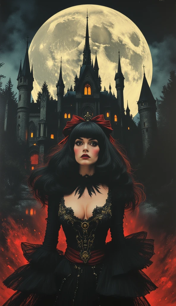 ultra wide angle, photorealistic gothic architecture castle background, Lady Death, 25 year old young woman, deep cleavage, her hair flowing, Victorian dress with red and gold details, frontal pose, moon behind the woman, castle extends to the sides, black paint flow - 8k resolution photorealistic masterpiece, intricately detailed, full moon in the background, painting: acrylic: colored watercolor, cinematic lighting, maximalist photo illustration: for Martin Bobzert: 8k resolution concept art, intricately detailed, complex, elegant, expansive, psychedelic fantasy realism, in the abyss of empire estate, night, blood moon, buildings, reflections