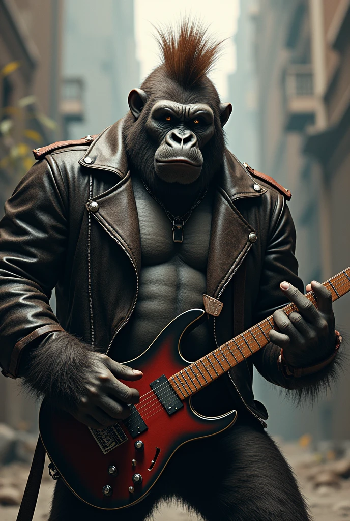 a gorilla, cartoon, holding guitar, full body