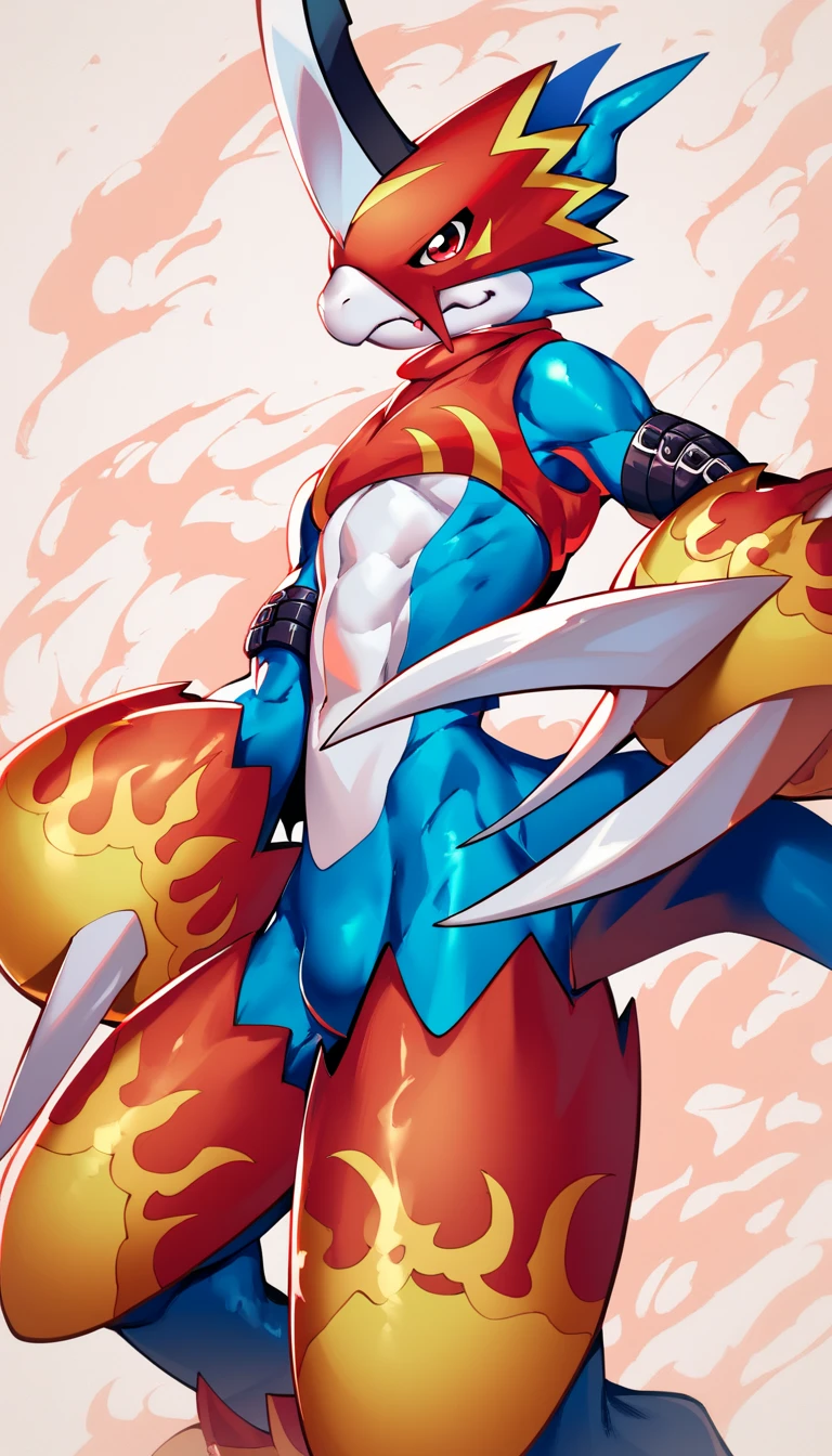 flamedramon (character), blue body, anthro, armor, belt, claws, clothing, crop top, headgear, helmet, male, shirt, topwear, red eyes, horns, digimon (creature), solo, no humans, claws,  horns, arm belt, score_9, score_8, score_7_up, score_6_up,,sexy pose,dick,showin dick