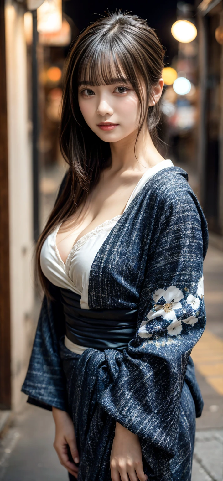 masterpiece, Best Quality, 8K, 20 yo, huge breasts, cuddly, Solo, sad, Cute, Girly, Delicate girl, Neat and clean beauty,  Raw photo, Professional Photography, Portrait, full body, front view, perfect body shape, Sophisticated, Film grain, (Eyes and faces with detailed:1.0), ponytail, short length floating hair, beautiful flowing hair, bangs, Kimono Wrap Shirt