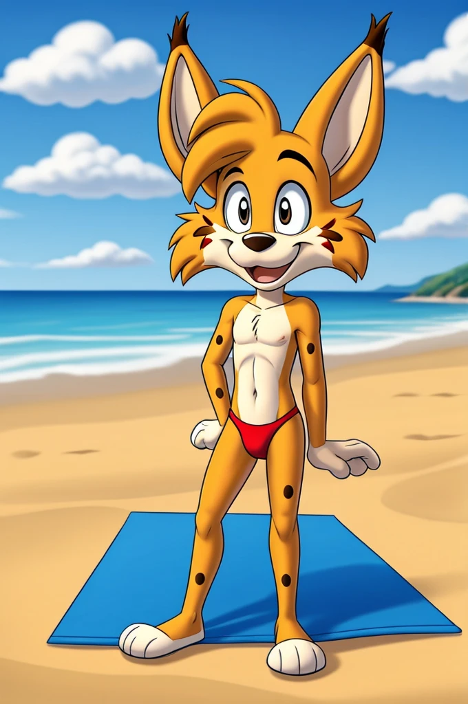 Lynx cartoon guy full length slim skinny in red speedo on the beach with a happy face striped tail