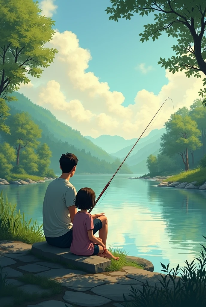 A boy and his father fishing in a boat and in a lake.be calm.cheered up