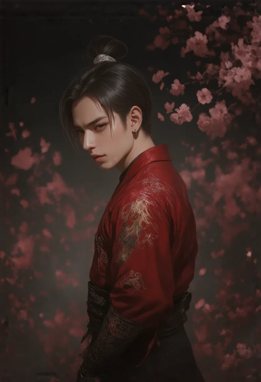 There is always a real painting of a man in a red gold antique Chinese dress.,Very handsome, standing facing back, often waiting for a tattoo on his back, looking like a young Asian idol, 20 years old,Bright oil paint , Bare-chested, Inspired by Tsukioka Yoshitoshi ,  Illustrated by Shigenori Soejima ,  in the style of Ukiyo art - a ,  OnMiyoji Portrait ,  inspired by Yoshitoshi Abe ,  anime, artnuvo ,  Korean nuvo art anime ,  Senkoku period art style , Chikishi, the background is a flower garden 