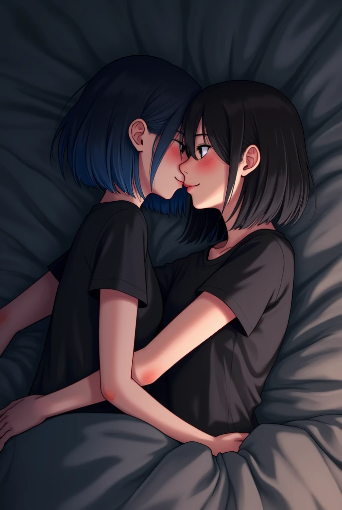 8K, masterpiece, a yellow hair and a purple hair, pushed down on the bed, romanticism, lesbian kiss, lesbian hug, kiss each other, bride, kiss together, hug, kiss together perfectly, beautiful, goddess, two beautiful women in love, standing