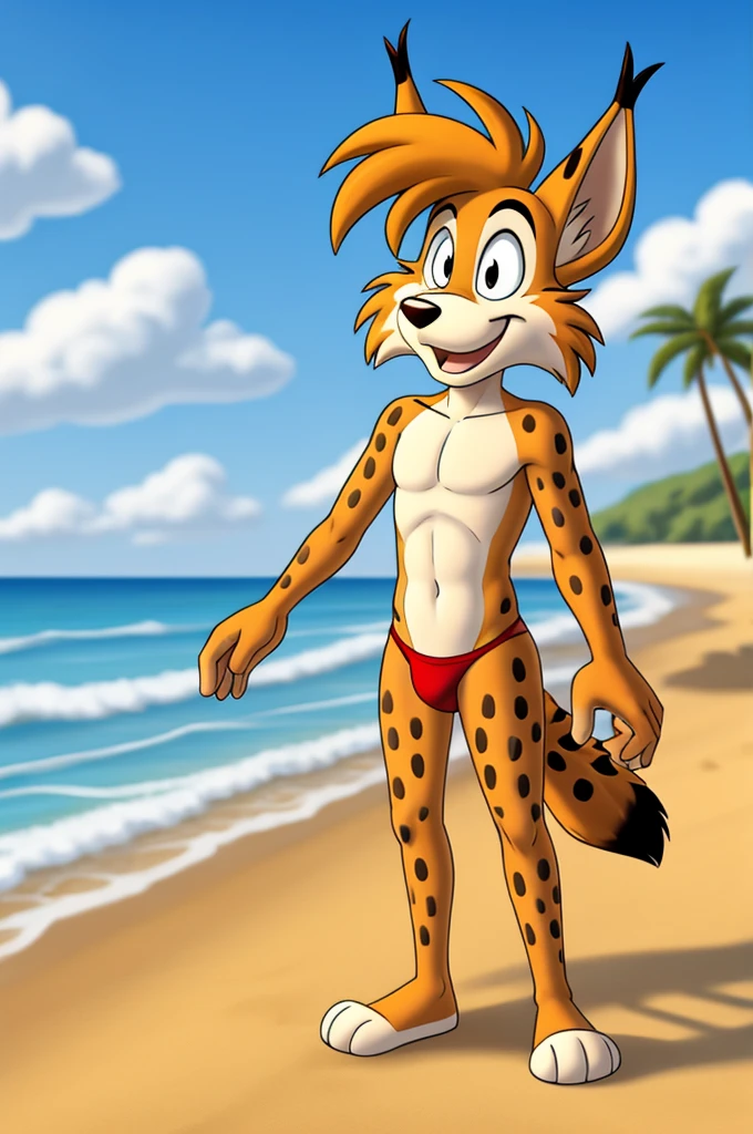 Lynx cartoon guy full length slim skinny in red speedo on the beach with a happy face striped tail