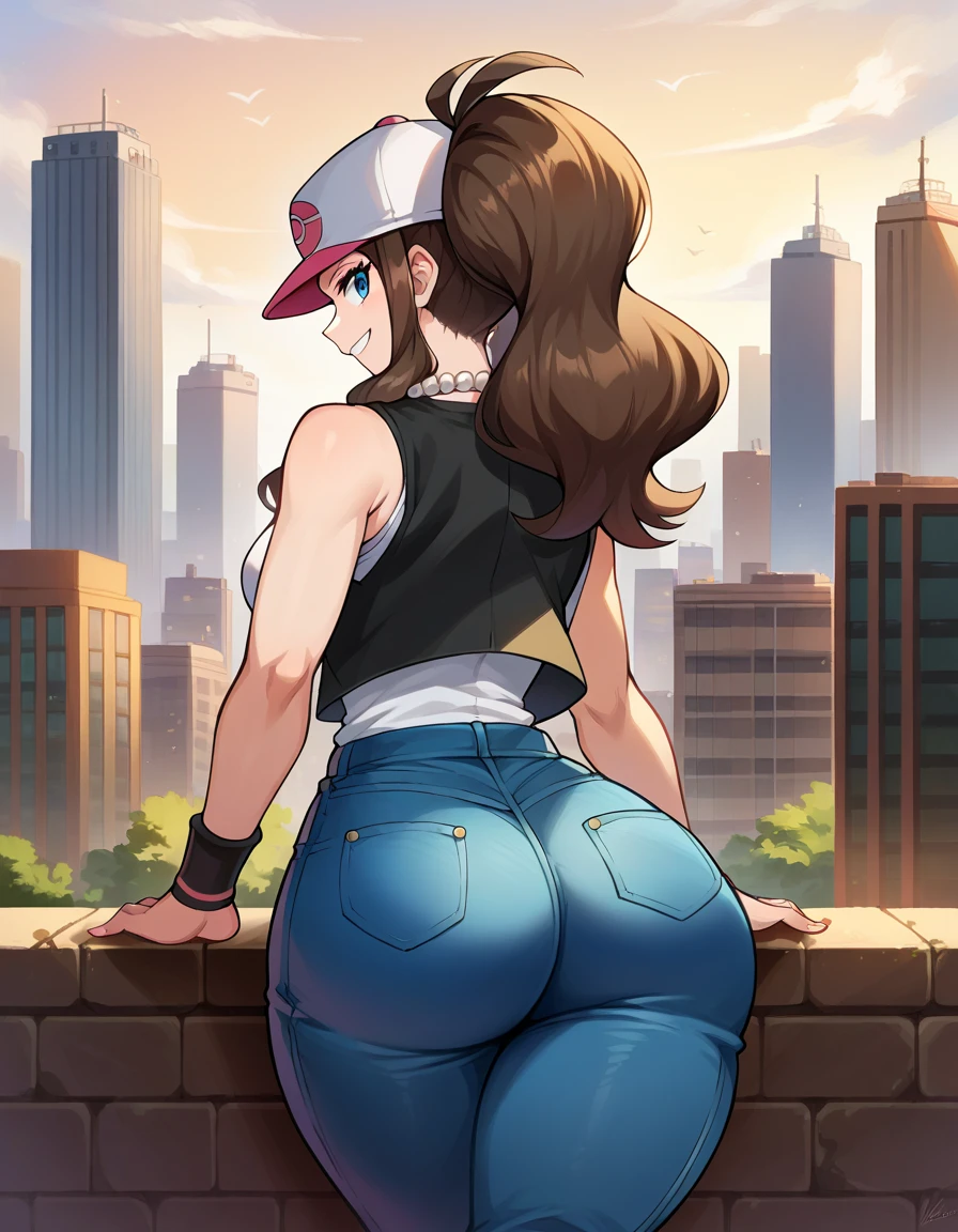 pokemonhilda, pokemonhilda, blue eyes, brown hair, long hair, ponytail, smile,
baseball cap, blue jeans, denim, hat, jeans, vest, wristband, sleeveless, black vest, white shirt, shirt,
outdoors, cityscape,
looking at viewer, crossed legs, shirt tucked in, pearl necklace, thick thighs, perfect anatomy, high-waist jeans, baggy jeans, from behind, back view, big ass, vuluptuous ass, dumptruck ass, show her booty